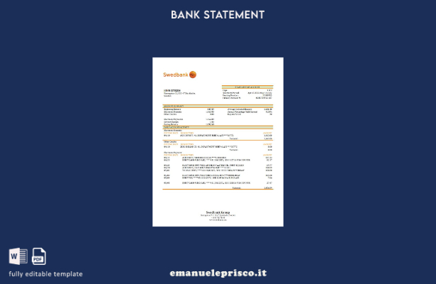 modello word di estratto conto bancario svedese Swedbank in stile verificato